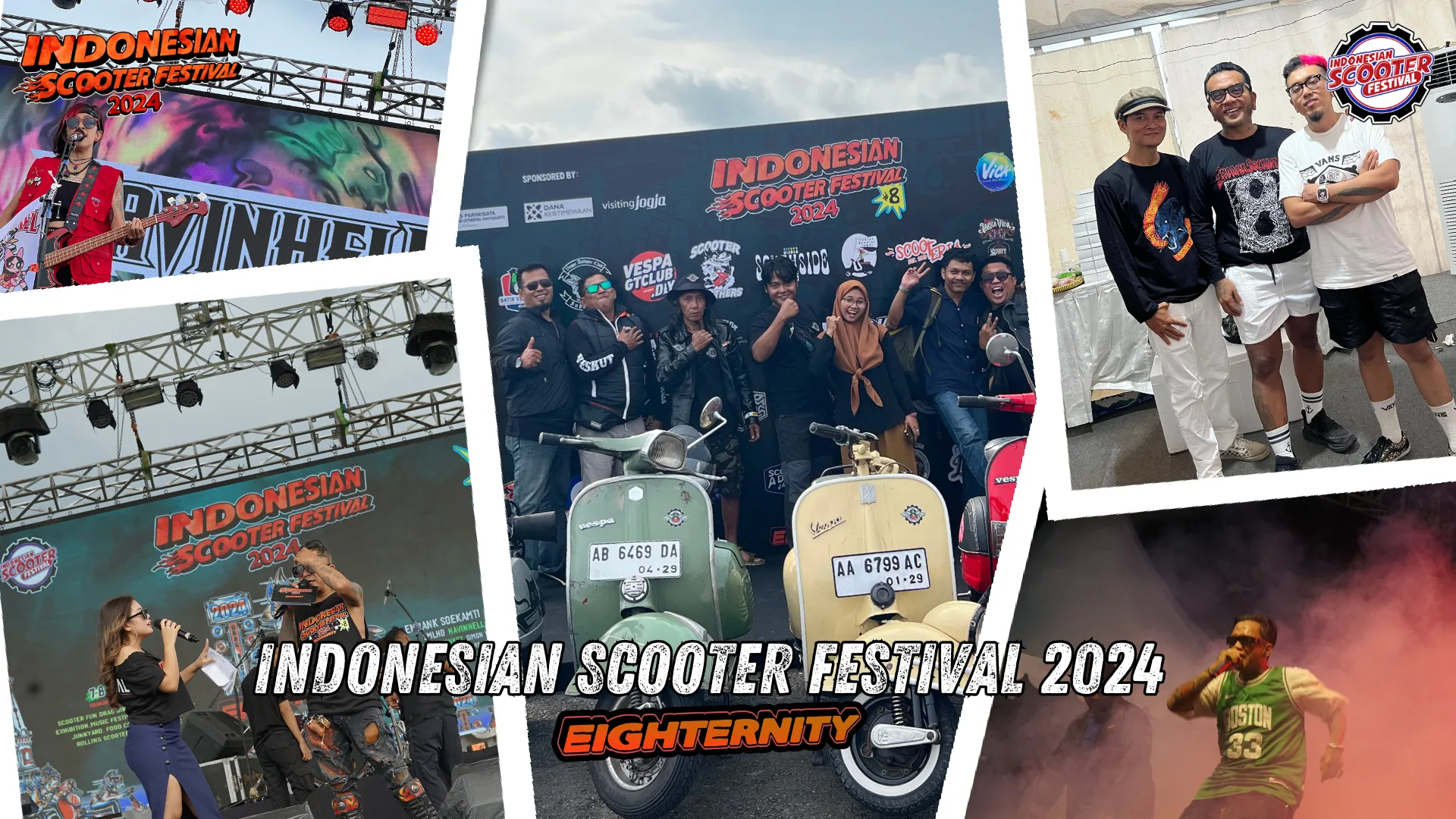 A collage of five photos from the Indonesian Scooter Festival 2024, featuring performers on stage, groups of people posing in front of scooters and festival banners, and a vibrant crowd enjoying the event. The text "INDONESIAN SCOOTER FESTIVAL 2024 EIGHTERNITY" is prominently displayed at the bottom.