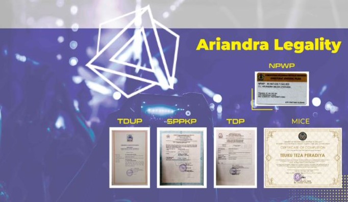 Aria EO's Indonesian business compliance certifications: TDUP (Permanent Business Registration), SPKP (Taxable Entrepreneur Confirmation), TDP (Company Registration), NPWP (Tax ID), and MICE industry branding. Highlights legal adherence for corporate event management in Indonesia